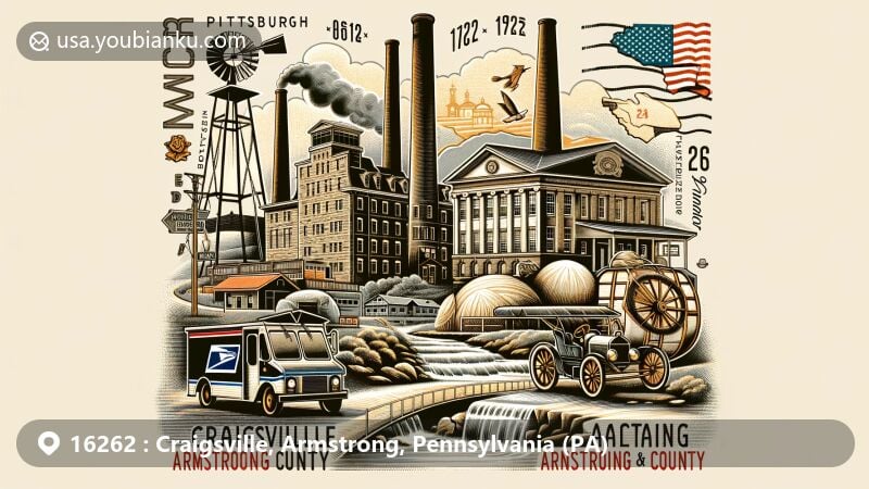 Modern illustration of Craigsville, Armstrong County, Pennsylvania, highlighting ZIP code 16262, featuring historical and postal elements like old woolen mill, limestone quarry, Kittanning architecture, and Pittsburgh Plate Glass factory.