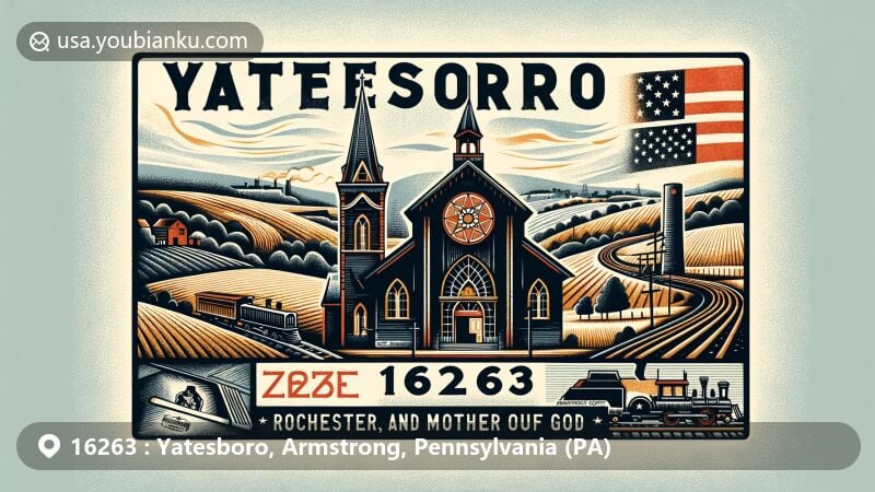 Vintage illustration of Yatesboro, Armstrong County, Pennsylvania, featuring St. Mary, Mother of God Parish Church and Pennsylvania state symbols, with rolling hills and farmland in the background.