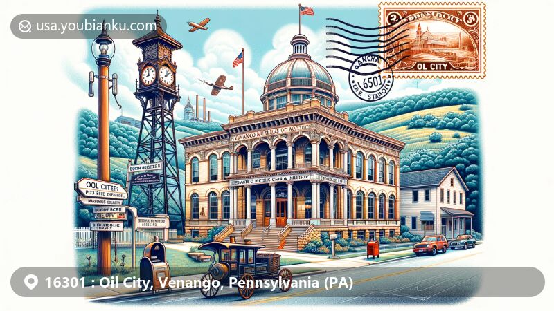 Modern illustration of Oil City, Pennsylvania, featuring Venango Museum of Art, Science and Industry in Beaux Arts style, with postal theme including vintage stamp, ZIP code 16301, postal carriage, and postmark stamp.