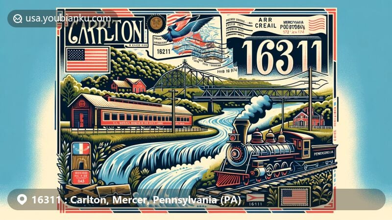 Modern illustration of Carlton, Mercer County, Pennsylvania, featuring a stylized postal theme with ZIP code 16311, showcasing French Creek, Erie Railroad history, local post office, Pennsylvania state flag, and vintage train imagery.