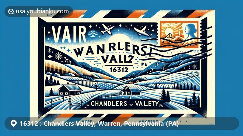 Modern illustration of Chandlers Valley, Warren County, Pennsylvania, featuring airmail envelope with 'Chandlers Valley, PA' and ZIP code 16312, integrated silhouette of Warren County, rural landscapes, and small communities.