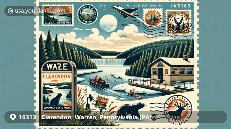 Modern illustration of Clarendon, Warren, Pennsylvania, highlighting postal theme for ZIP code 16313, featuring Kinzua Dam, Winterfest at Chapman State Park, and Pennsylvania wildlife.