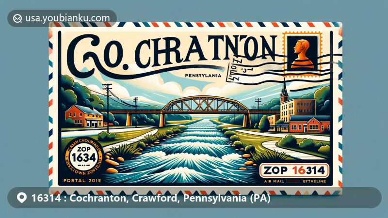 Modern illustration of Cochranton, Pennsylvania, highlighting French Creek and Adams Street Bridge, with postal theme and ZIP code 16314.