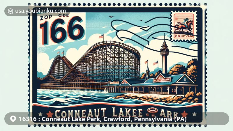 Modern illustration of Conneaut Lake Park, Crawford County, Pennsylvania, highlighting vintage postcard design with Blue Streak rollercoaster, largest natural lake in Pennsylvania, and integrated postal elements for ZIP code 16316.