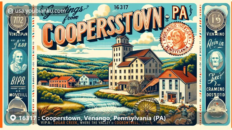 Whimsical postcard illustration of Cooperstown, Venango County, Pennsylvania, showcasing historical landmarks, lush landscapes, and postal elements with ZIP code 16317.