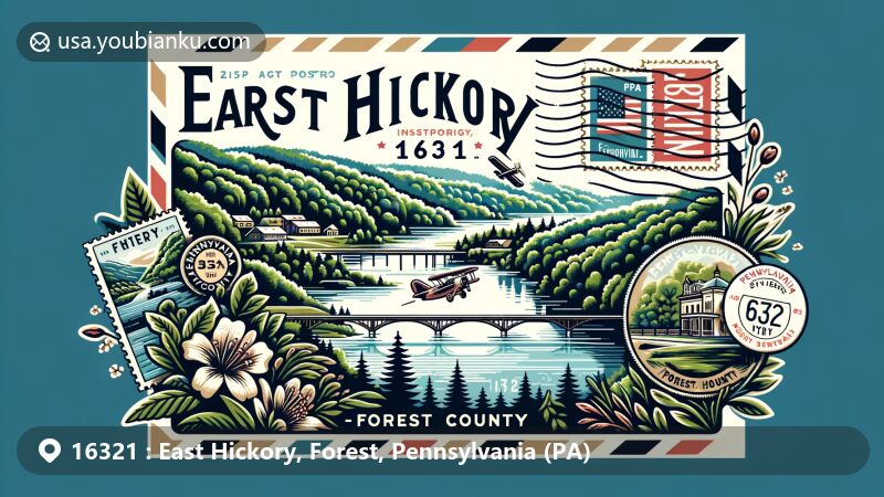 Modern illustration of East Hickory, Forest County, Pennsylvania, capturing the natural beauty of Allegheny River and lush greenery, with postcard theme featuring vintage postage elements and Pennsylvania state flag.