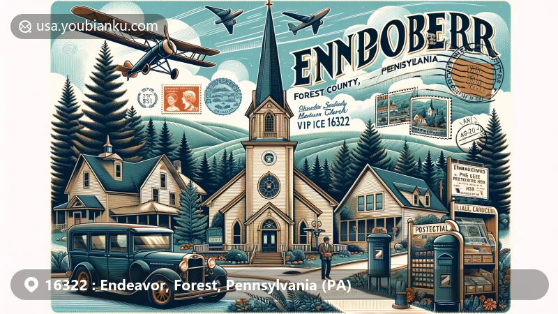 Modern illustration of Endeavor, PA, highlighting postal theme with ZIP code 16322, featuring Endeavor Presbyterian Church, Allegheny National Forest, and local hamlet ambiance.