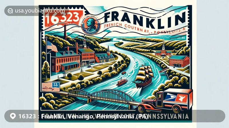Modern illustration of Franklin, Venango County, Pennsylvania, featuring ZIP code 16323, showcasing Allegheny River and French Creek confluence, with historical references to Fort Venango and Fort Franklin, and vintage postal elements.