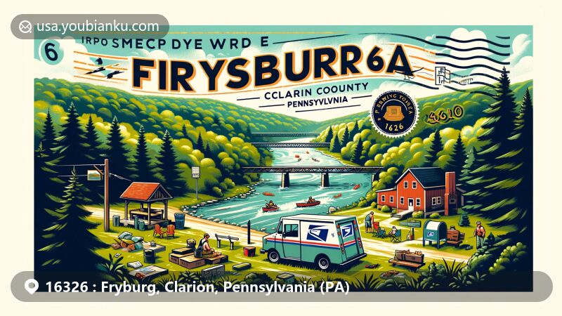 Modern illustration of Fryburg, Clarion County, Pennsylvania, with ZIP code 16326, highlighting lush landscapes and outdoor activities like hiking, fishing, and camping, and a close-knit community vibe.