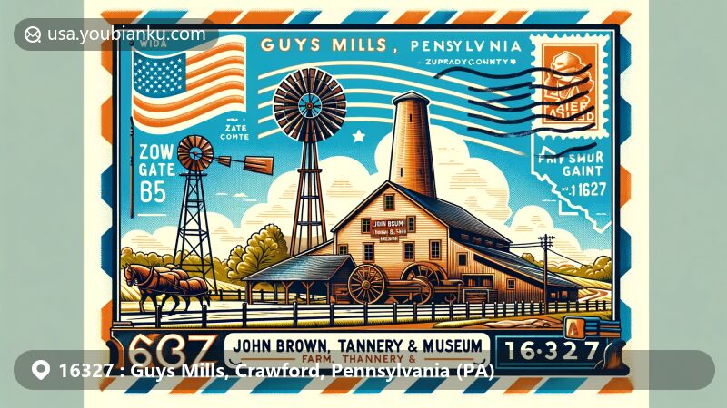 Modern illustration of Guys Mills, Crawford County, Pennsylvania, featuring John Brown Farm, Tannery & Museum, ZIP code 16327, Pennsylvania state flag, and Crawford County outline.