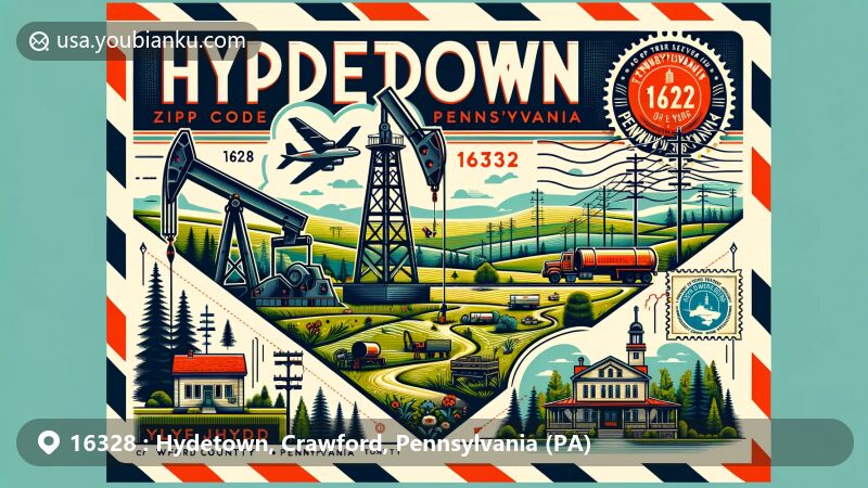 Modern illustration of Hydetown, Crawford County, Pennsylvania, highlighting historical oil industry connection and natural beauty, featuring oil derricks, scenic landscapes, and Pennsylvania state flag.