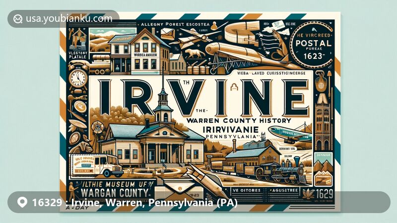 Modern illustration of Irvine, Warren County, Pennsylvania, showcasing postal theme with ZIP code 16329, featuring Wilder Museum of Warren County History and Allegheny Plateau's forest ecosystem.
