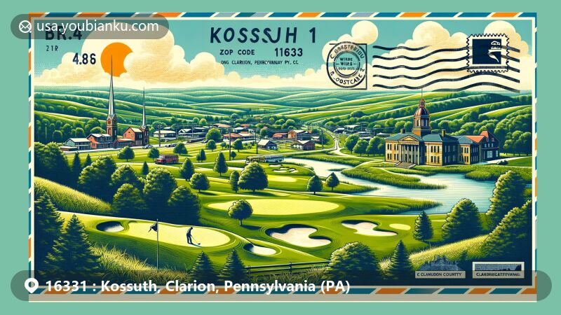 Modern illustration of Kossuth, Clarion County, Pennsylvania, featuring Hi-Level Golf Course and Clarion County Courthouse in a vintage postcard style, incorporating postal symbols and tranquil rural hills.