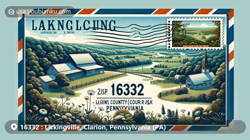 Whimsical depiction of Lickingville, Clarion County, Pennsylvania, with ZIP code 16332, showcasing rural landscapes and iconic landmarks like the Clarion County Courthouse and Cook Forest State Park.