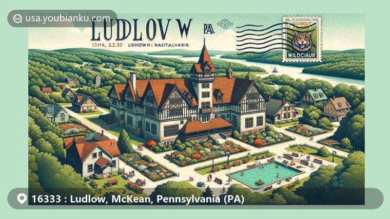 Modern illustration of Ludlow, Pennsylvania, with iconic Tudor architecture of Olmsted Manor and picturesque Wildcat Park in Allegheny National Forest, featuring vintage postal elements and '16333 Ludlow, PA' postmark.