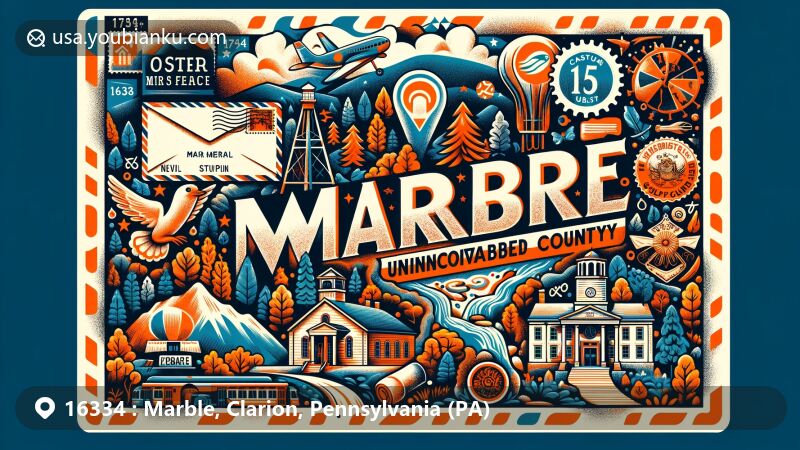Creative illustration of Marble, Clarion County, Pennsylvania, blending postal elements with local landmarks like Cook Forest and Sutton-Ditz Museum, featuring ZIP code 16334.