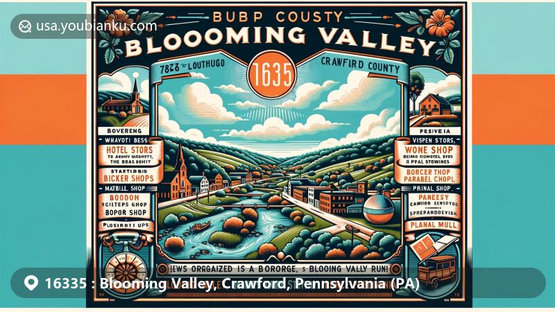 Modern illustration of Blooming Valley, Crawford County, Pennsylvania, capturing the essence of its geography, history, and postal elements, depicting natural landscapes and historical landmarks.