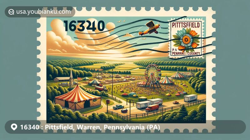 Modern illustration of Pittsfield, Warren County, Pennsylvania, with a rural and natural theme, showcasing Warren County Fair scene and postal elements with ZIP code 16340.