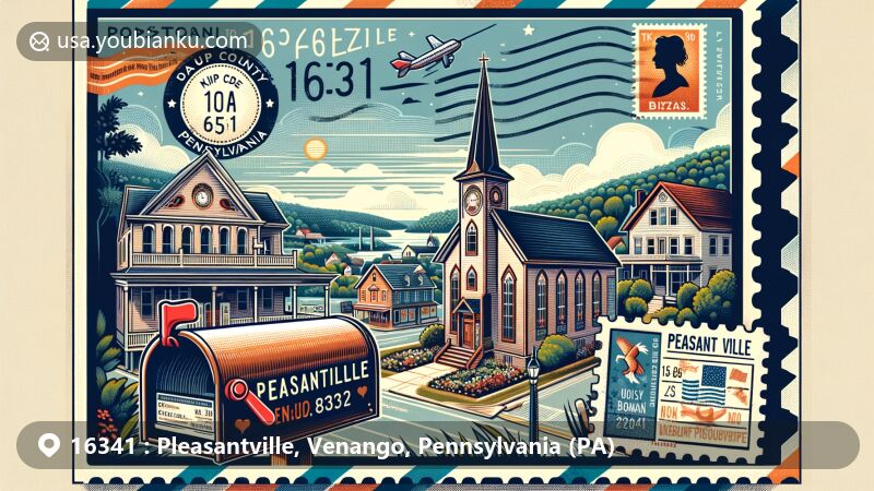 Modern illustration of Pleasantville, Venango County, Pennsylvania, featuring ZIP code 16341, showcasing iconic landmarks like the Allegheny Baptist Church and Connely-Holeman House against a backdrop hinting Pleasantville's history as an oil boom town.
