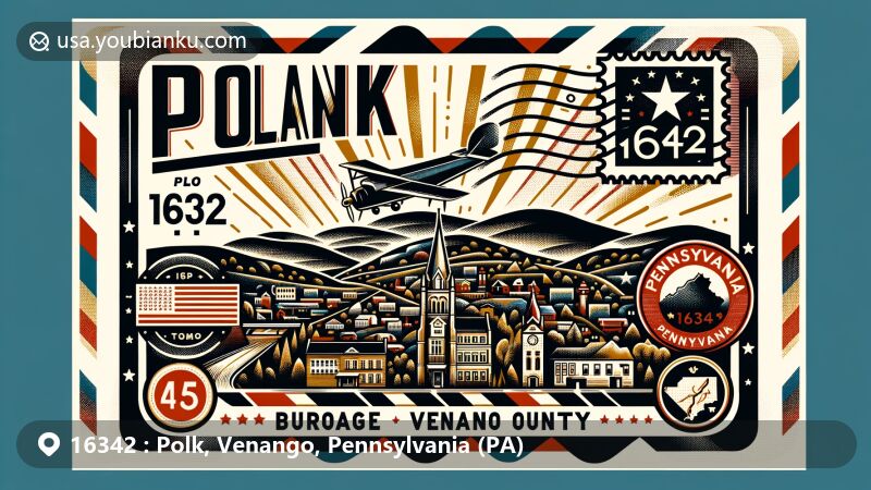 Modern illustration of Polk, Venango County, Pennsylvania, highlighting postal theme with ZIP code 16342, featuring vintage airmail envelope background and stamp design marking Polk's location in Pennsylvania.