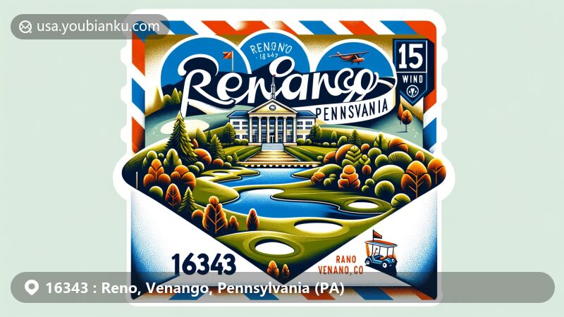 Modern illustration of Reno, Venango, Pennsylvania, featuring airmail envelope theme with ZIP code 16343, showcasing Wanango Country Club and Reno Reservoir.