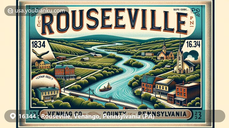 Vintage-style illustration of Rouseville, Venango County, Pennsylvania, showcasing the borough's geographical layout surrounded by nature, highlighting water features and key landmarks from the National Register of Historic Places, with postal elements like a postage stamp and ZIP code 16344.