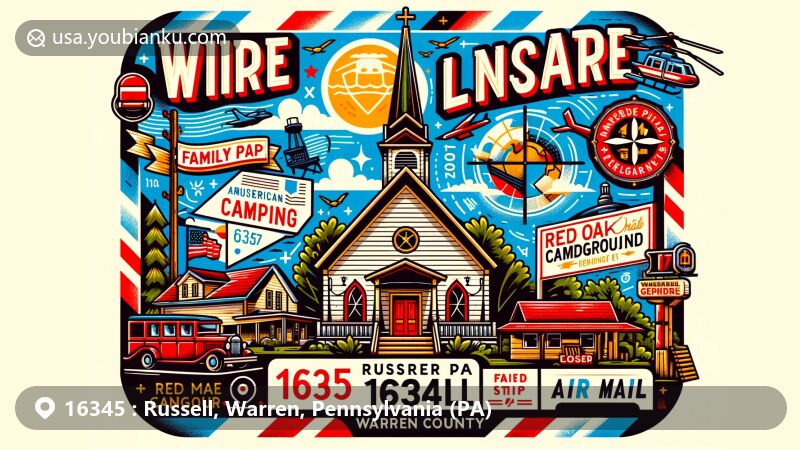 Modern illustration of Russell, Pennsylvania, in Warren County, showcasing postal theme with ZIP code 16345, featuring Russell United Methodist Church and family camping elements inspired by Red Oak Campground.