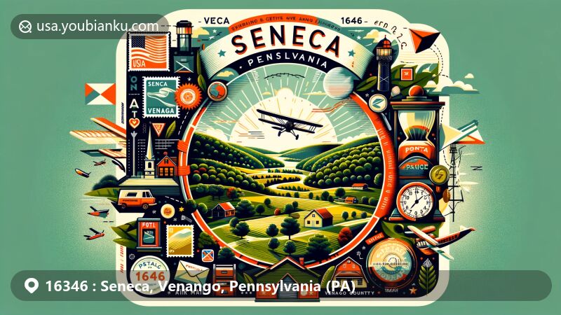 Modern illustration of Seneca area in Venango County, Pennsylvania, showcasing postal theme with ZIP code 16346, featuring lush landscapes and local landmarks, including symbols of Seneca.