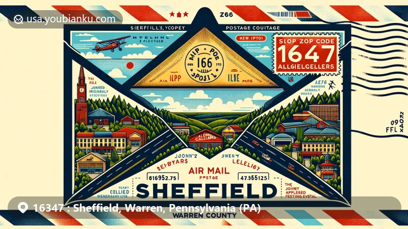 Creative illustration of Sheffield, Warren County, Pennsylvania, featuring postal theme with ZIP code 16347, highlighting Warren County outline, Route 666, Allegheny Cellars Winery, Tall Oaks shopping area, and Johnny Appleseed Festival.
