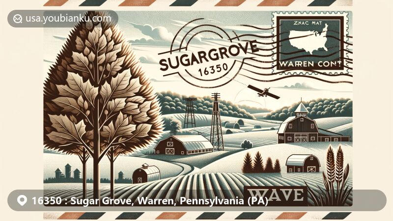 Modern illustration of Sugar Grove, PA 16350 area in Warren County, Pennsylvania, featuring vintage postal stamp with ZIP code 16350, maple forests, agriculture, and historical ties to the Underground Railroad.