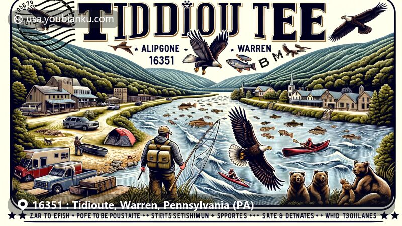 Modern illustration of Tidioute, Warren County, Pennsylvania, featuring Allegheny River, wildlife, and postal theme with ZIP code 16351.