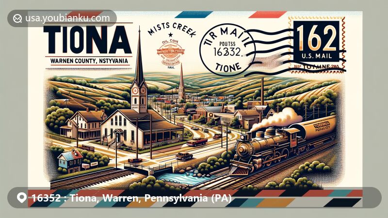 Modern illustration of Tiona, Warren County, Pennsylvania, highlighting Minister Creek, U.S. Route 6, and Norris Rods manufacturing history in the backdrop of Pennsylvania's oil country. Presented in an airmail envelope with ZIP code 16352 and postal motifs.
