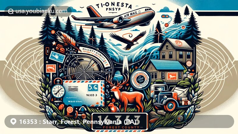 Vibrant illustration of Tionesta, Pennsylvania, in Forest County, highlighting postal theme with air mail envelope and stamps, featuring Allegheny National Forest and local wildlife.