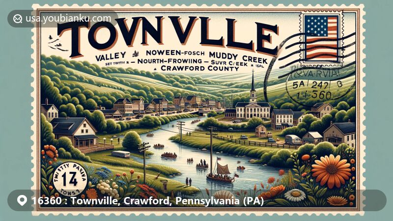 Vintage postcard style illustration of Townville, Pennsylvania in Crawford County, highlighting natural beauty of Muddy Creek and Sugar Creek valley, showcasing Townville Old Home Days with postal theme.