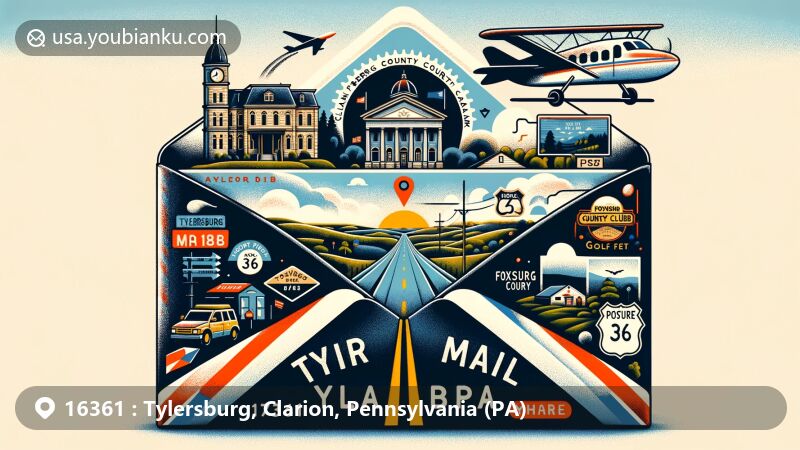 Modern illustration of Tylersburg, Clarion County, Pennsylvania, featuring iconic symbols like Clarion County Courthouse, Cook Forest State Park, and Foxburg Country Club, with a special postage stamp marked 'Tylersburg, PA 16361' on an air mail envelope.