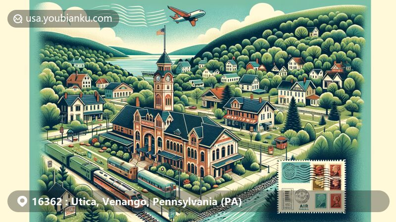 Modern illustration of Utica, Venango County, Pennsylvania, featuring postal theme with ZIP code 16362, showcasing former Erie Railroad station and lush greenery typical of Pennsylvania.