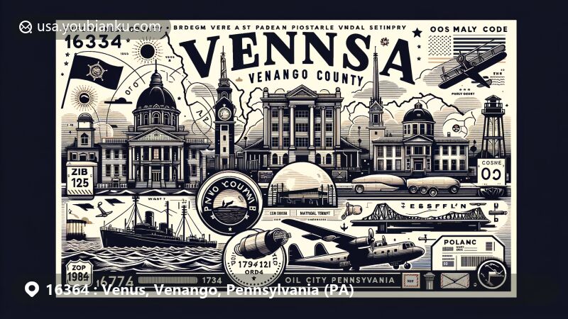 Modern illustration of Venus, Venango County, Pennsylvania, featuring postal theme and landmarks like National Transit Building and Oil City Armory.