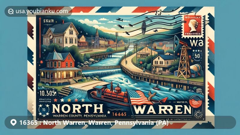 Modern illustration of North Warren, Warren County, Pennsylvania, showcasing postal theme with ZIP code 16365, featuring Conewango Creek, Victorian home, oil derrick, air mail envelope, Pennsylvania state flag.