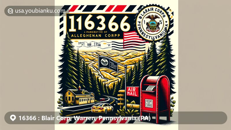 Modern illustration of Blair Corp, Warren, Pennsylvania, with ZIP code 16366, showcasing Allegheny National Forest and Pennsylvania state flag elements.