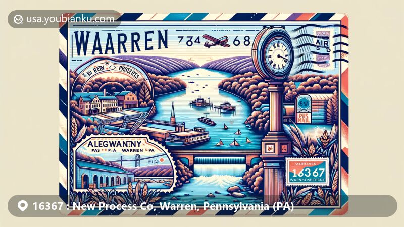 Modern illustration of Warren, Pennsylvania, showcasing ZIP Code 16367, featuring Allegheny River, Conewango Creek, New Process Clock, Blair Corporation, and iconic postal elements in a vibrant design.