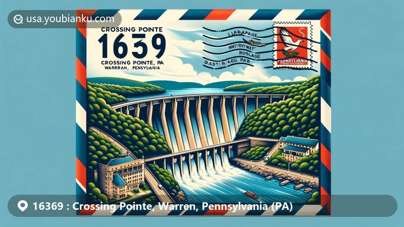 Modern illustration of Crossing Pointe, Warren, Pennsylvania, featuring picturesque Kinzua Dam and Pennsylvania state flag, designed as vintage airmail envelope with postal elements, embodying local pride and natural beauty.