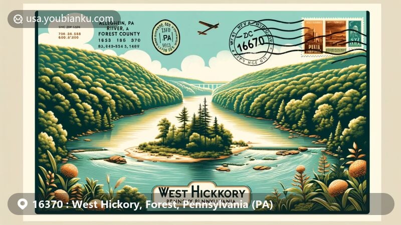 Creative illustration of West Hickory, Forest County, Pennsylvania, featuring Allegheny River, West Hickory Creek, vintage postcard layout with 'West Hickory, PA 16370' postmark, and lush greenery.