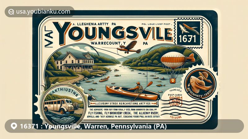 Modern illustration of Youngsville, Warren County, Pennsylvania, with postal code 16371, showcasing Allegheny River for fly fishing, Brokenstraw Creek for kayaking, Allegheny Artistry, Buckaloons Recreation Area, and Pennsylvania state symbols.