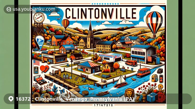Modern illustration of Clintonville, Venango County, Pennsylvania, featuring postal theme with ZIP code 16372, highlighting vibrant community, local businesses, and outdoor activities.