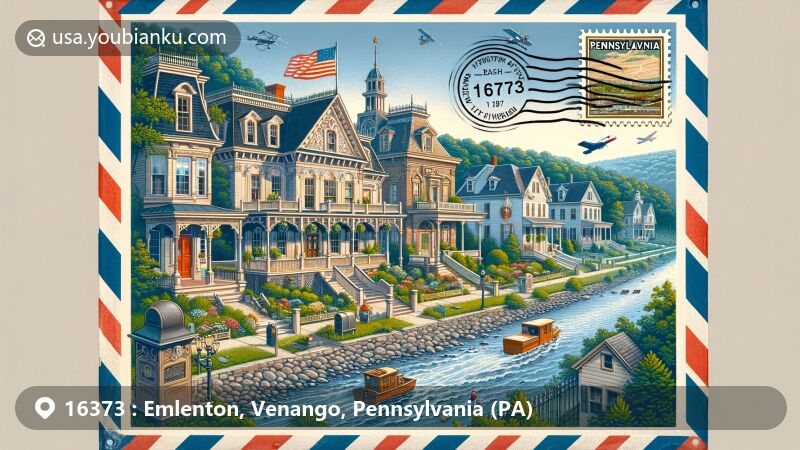 Modern illustration of Emlenton Historic District in Emlenton, Pennsylvania, featuring diverse architectural styles like French Second Empire, Queen Anne, Colonial, and Neo-Classical Revival, framed within an airmail envelope with ZIP code 16373, showcasing Pennsylvania state flag stamp and 1997 postmark.