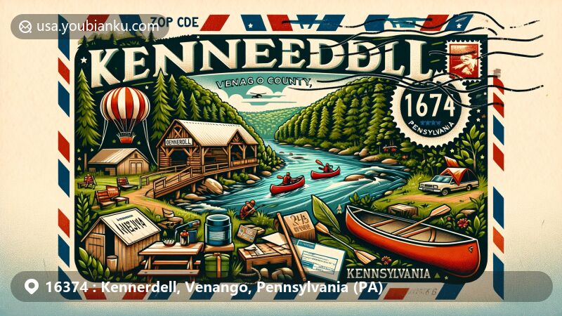 Modern illustration of Kennerdell, Venango County, Pennsylvania, featuring a creative airmail envelope design with symbols of Allegheny River, forests, canoeing, hiking, and Kamp Kennerdell, showcasing ZIP code 16374 and Pennsylvania state flag.