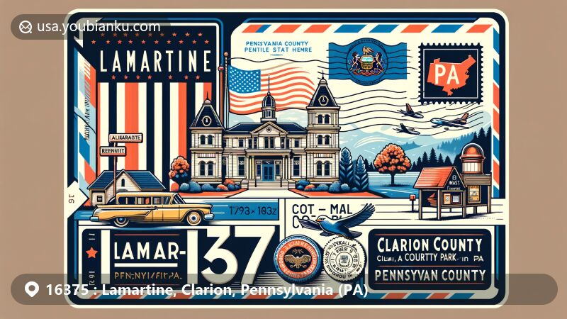 Modern illustration of Lamartine, Clarion County, Pennsylvania, showcasing postal theme with ZIP code 16375, featuring Pennsylvania state flag, Clarion County outline, and local landmarks like Clarion County Courthouse and Jail, Cook Forest State Park, and Foxburg Country Club.