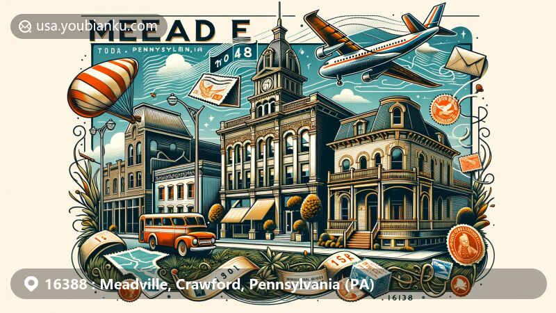 Modern illustration of Meadville, Pennsylvania area with ZIP code 16388, featuring PennDOT Road Sign Sculpture Garden, Meadville Downtown Historic District, vintage postcard layout, airplane envelope overlay, stamps, and postmarks.