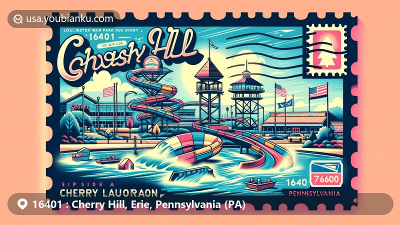 Modern illustration of Cherry Hill, Erie, Pennsylvania, showcasing postal theme with ZIP code 16401, featuring Splash Lagoon and Millcreek Mall, along with symbols of Pennsylvania and local community vibe.