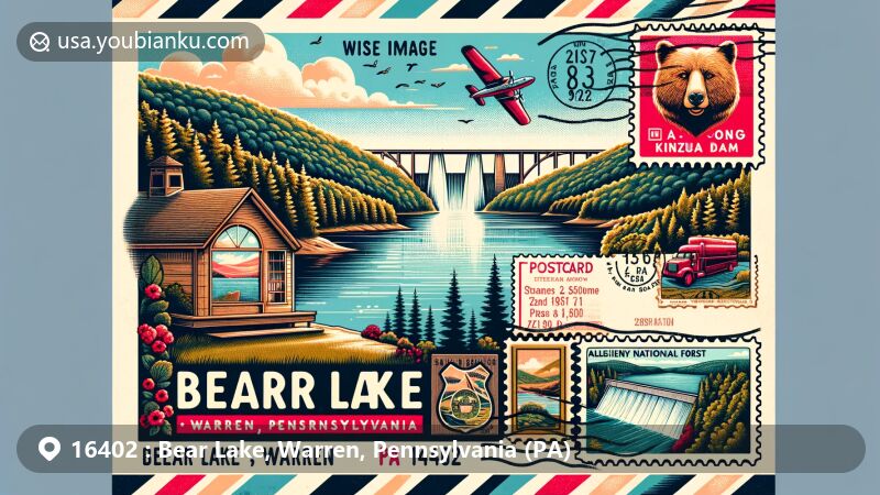 Modern illustration of Bear Lake, Warren County, Pennsylvania, featuring postal theme with ZIP code 16402, showcasing scenic view of Bear Lake, Kinzua Dam, and Allegheny National Forest.